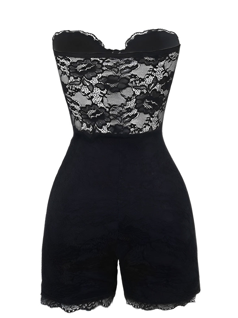 Black 1960s Floral Lace Bandeau Romper