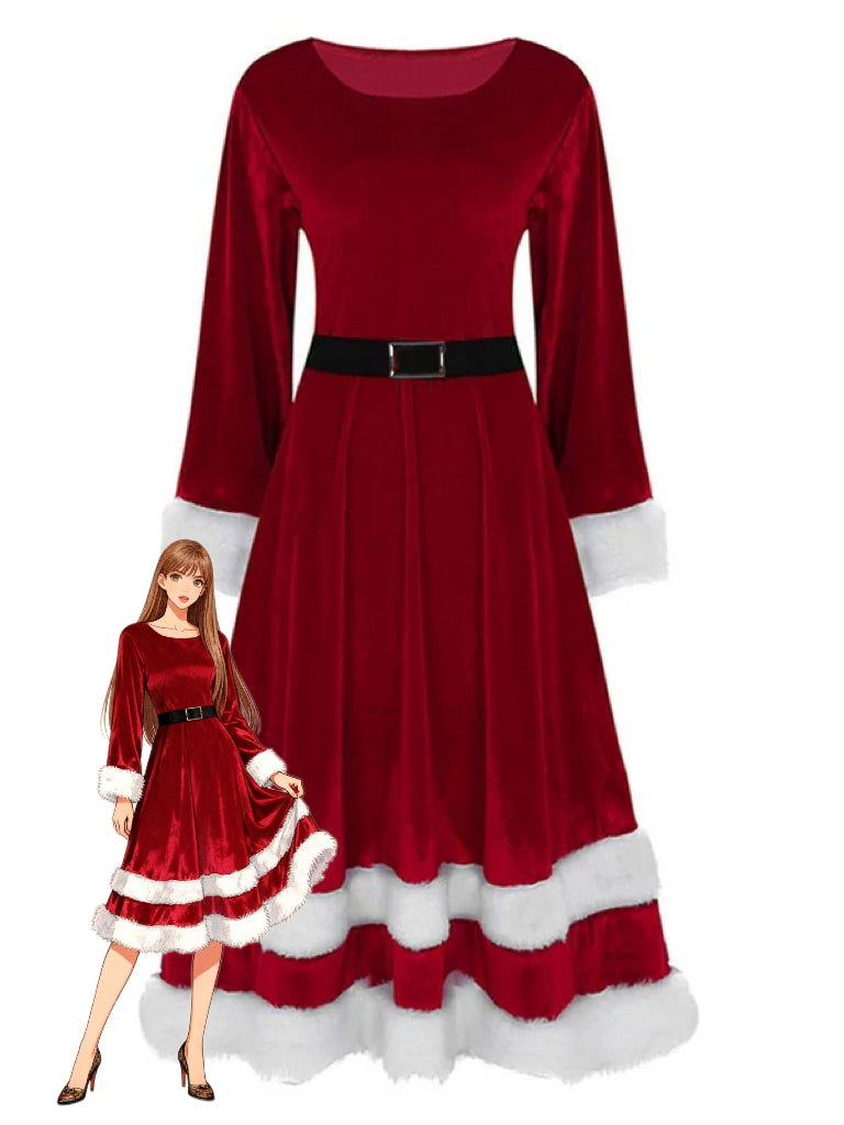 1940s Christmas Santa Faux Fur Trim Velvet Dress