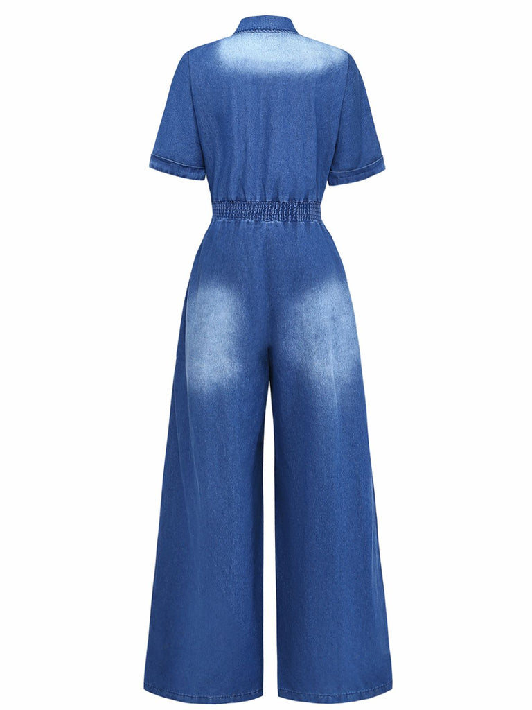 Denim 1970s Lapel Button Belted Waist Jumpsuit