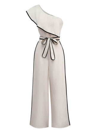 White 1970s One-Shoulder Ruffled Belted Jumpsuit