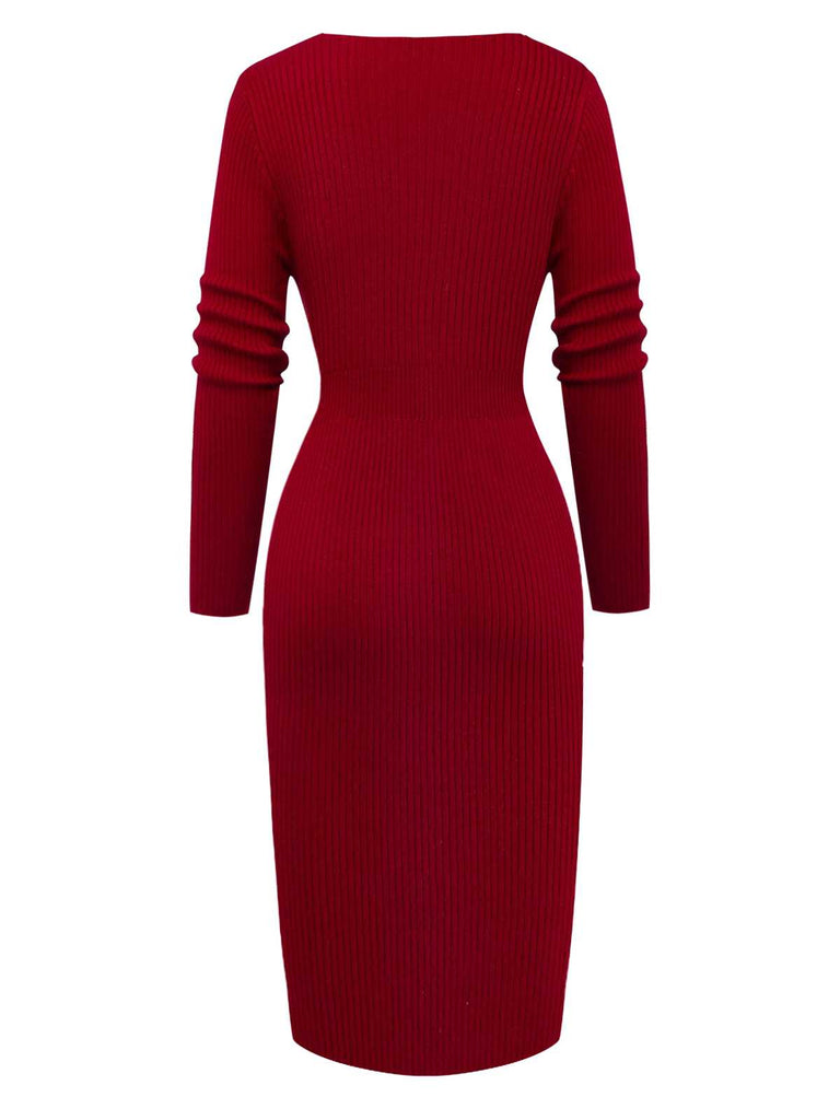1960s V-Neck Ribbed Knit Button Bodycon Dress