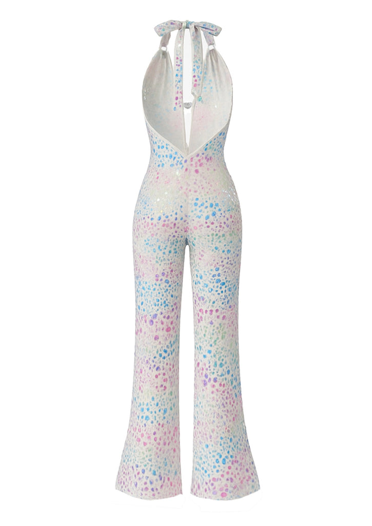 Metallic 1980s Leopard Halter Deep-V Backless Jumpsuit