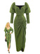 Green 1960s Ruched Puff Sleeve Midi Dress