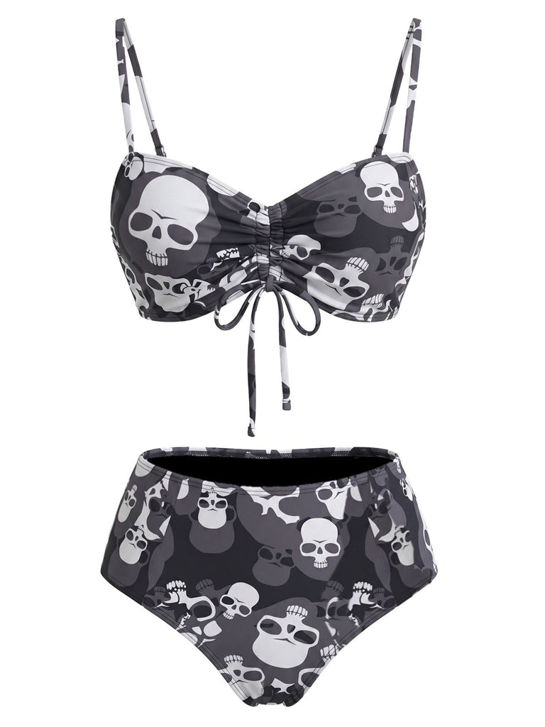 Black 1980s Gothic Skull Printed Drawstring Bikini Set