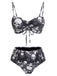 Black 1980s Gothic Skull Printed Drawstring Bikini Set