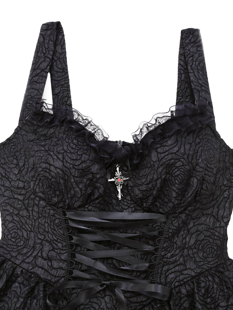 Black 1950s Gothic Lace Panel Bow Tie Lace-up Dress