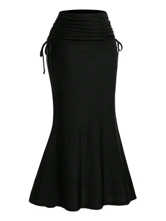 Black 1960s Gothic Ruched Mermaid Maxi Skirt