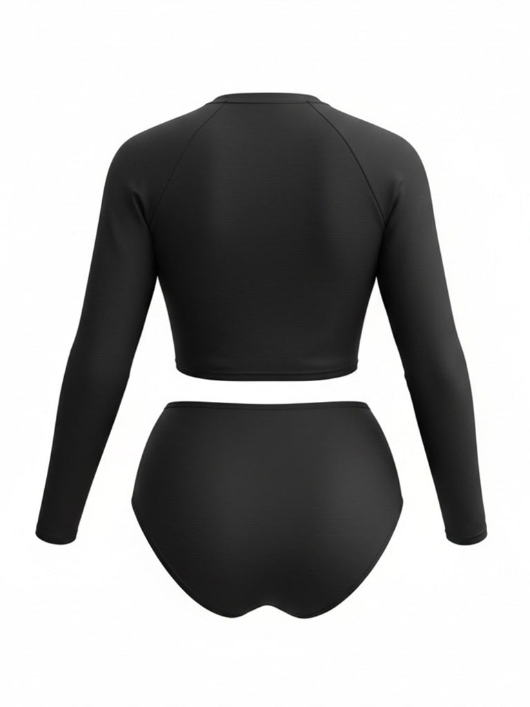 [Plus Size] Black 1980s Solid Long Sleeve High Waist Swimsuit Set