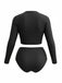 [Plus Size] Black 1980s Solid Long Sleeve High Waist Swimsuit Set