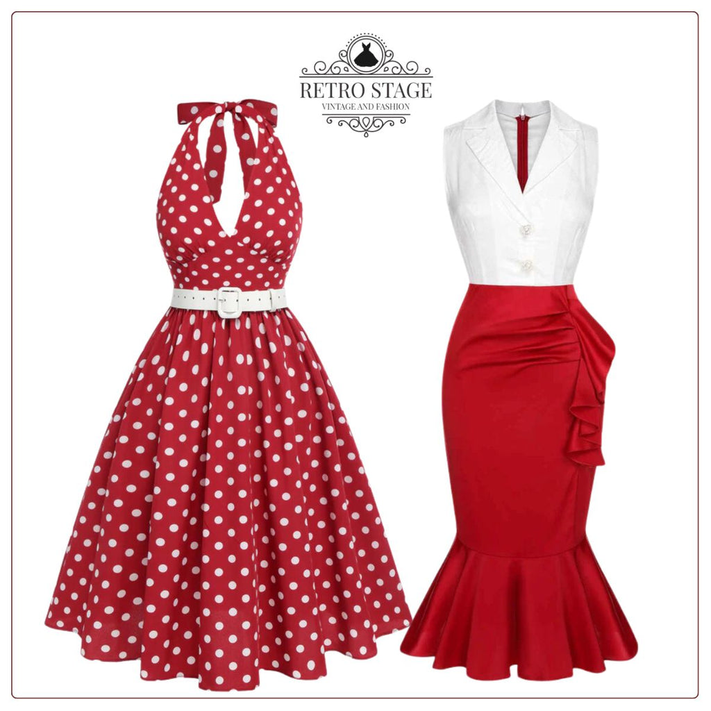 Red & White 1930s Sleeveless Slit Fishtail Dress