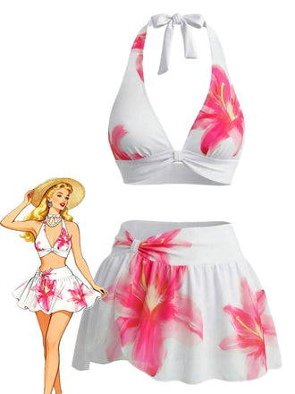 White 1930s Lily Floral Halter Wrap Mesh Skirt Bikini Set