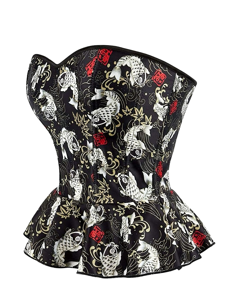 Black 1970s Strapless Koi Fish Print Ruffle Corset
