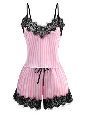 Pink 1930s Strap Strips Lace Pajama Set