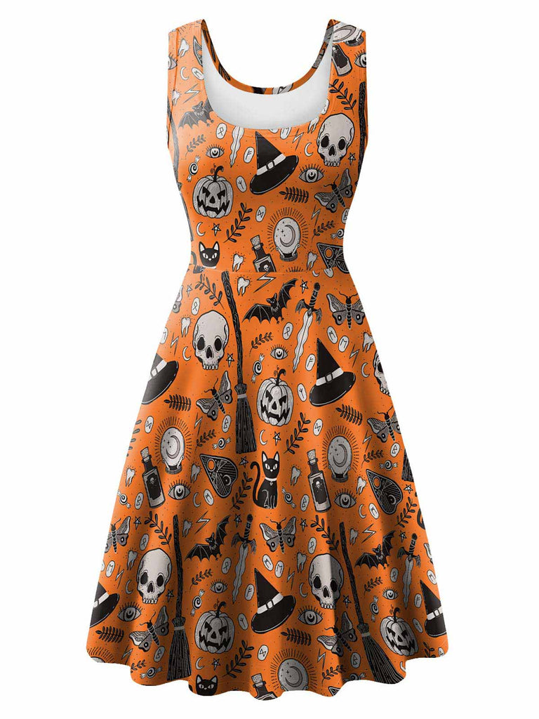 1950s Halloween Sleeveless Pumpkin Skull Dress