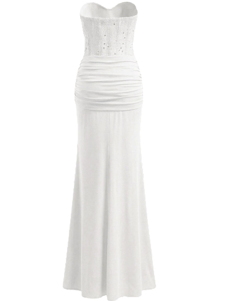 1930s Solid Lace-Up Strapless Maxi Dress