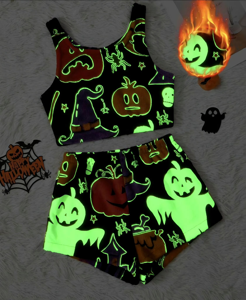 2PCS Black 1970s Glowing Halloween Ghost Flannel Pajama Set