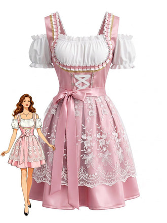 2PCS Pink 1950s Cold-Shoulder Puff Dress & Lace Embroidered Apron