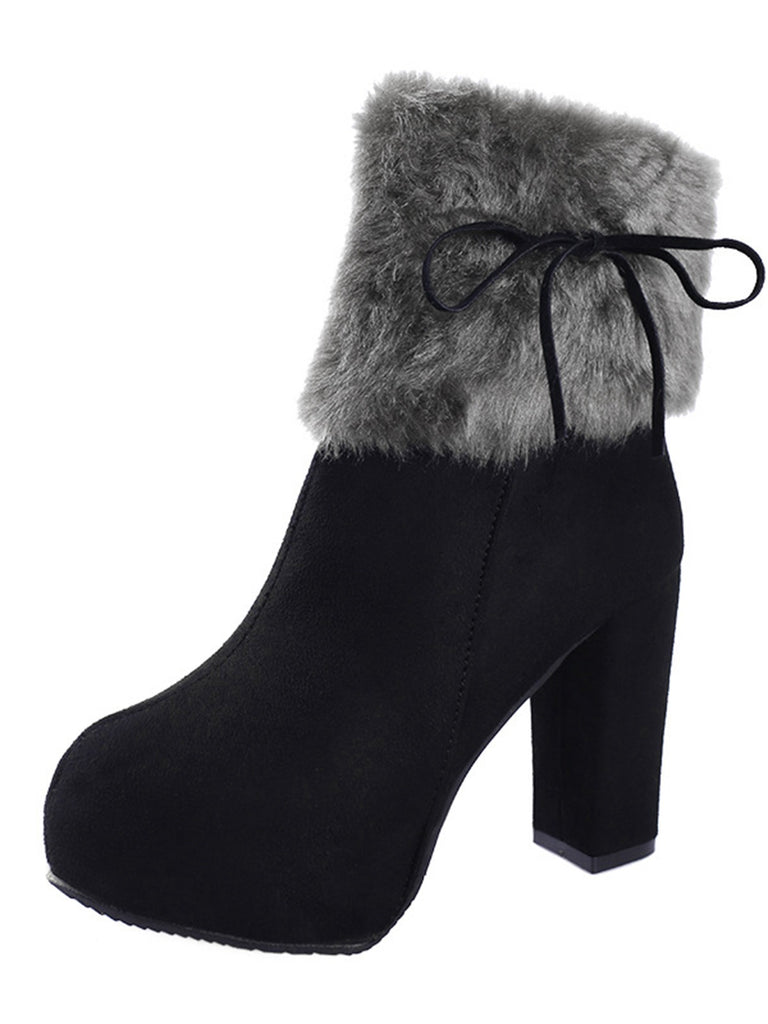 Furry Round Toe Zipper Chunky High Heel Platform Boots