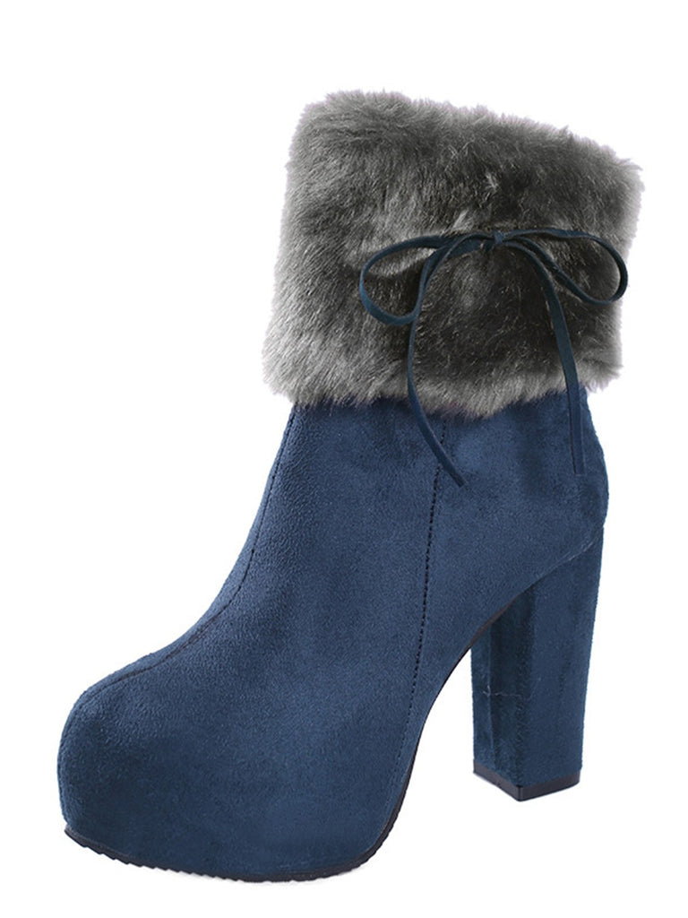 Furry Round Toe Zipper Chunky High Heel Platform Boots