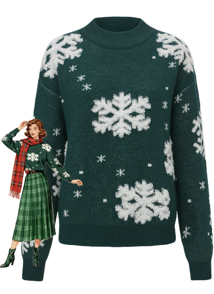 1940s Christmas Fleece-Snowflake Turtleneck Sweater