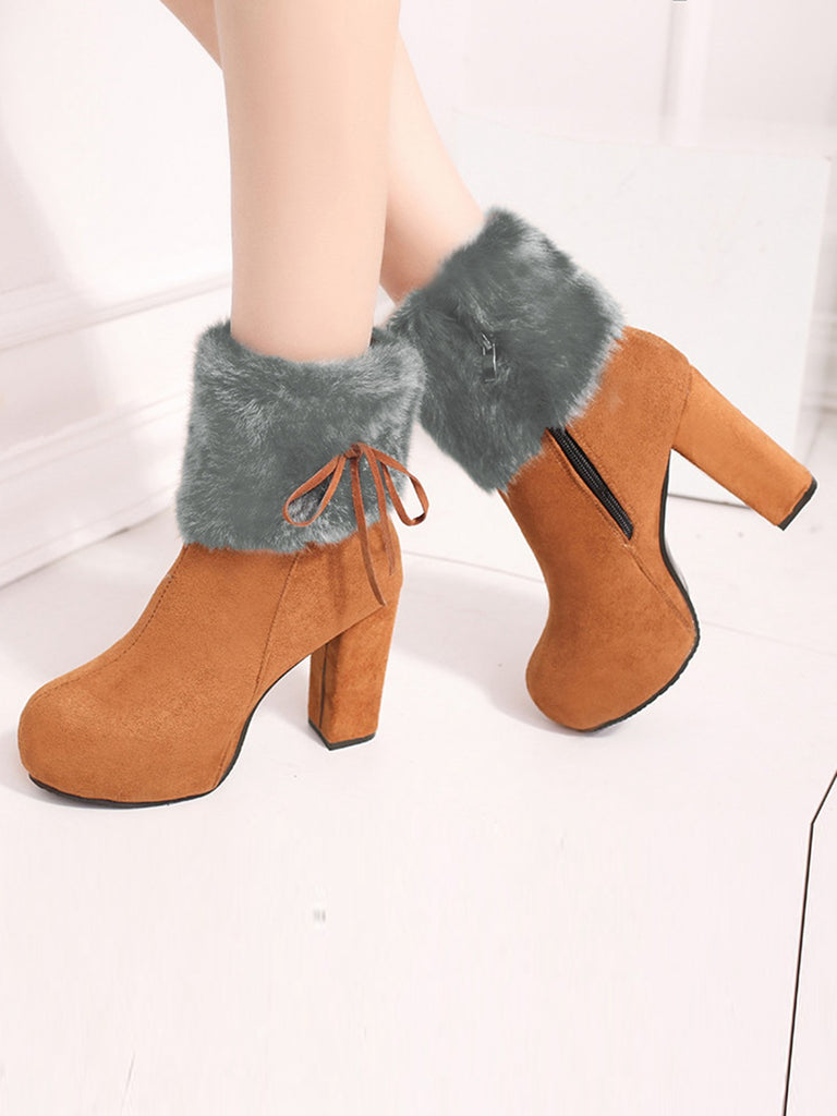 Furry Round Toe Zipper Chunky High Heel Platform Boots