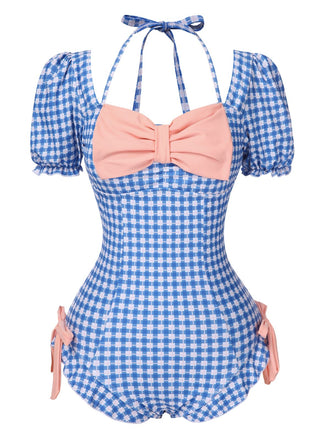 1950s Bow Puff Sleeve Gingham Plaid Swimsuit