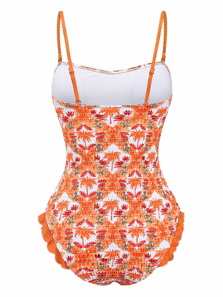 Orange 1960s Tropical Coconut Palm Tree Print Swimsuit
