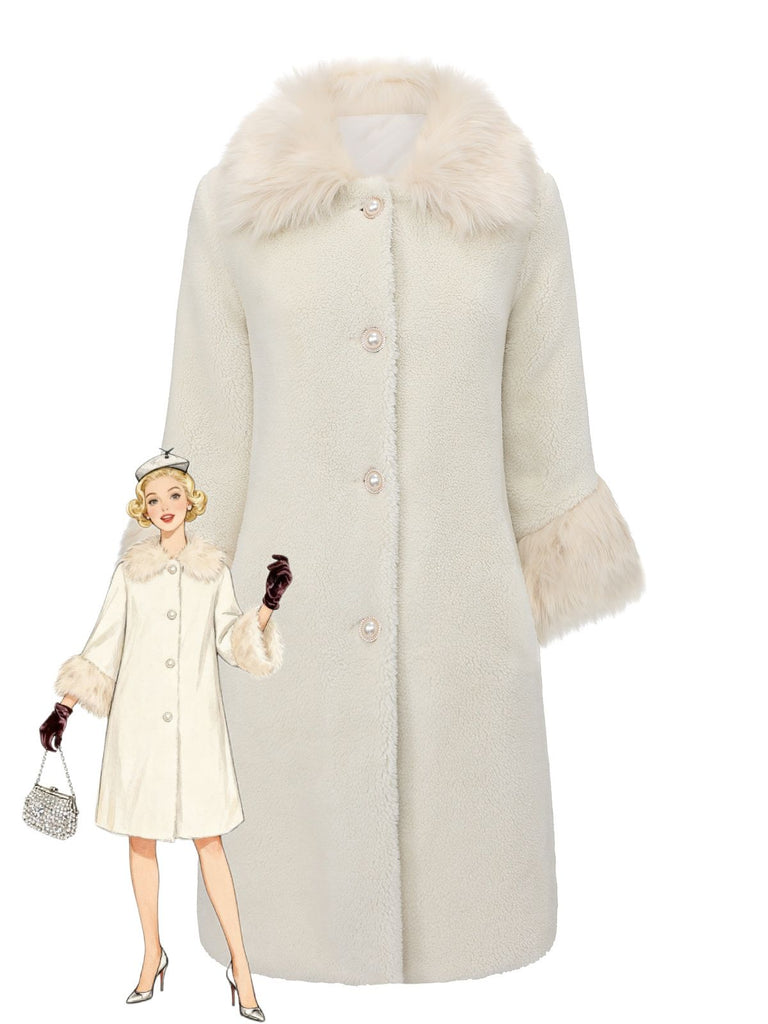 White 1980s Faux Fur Collar Long Coat