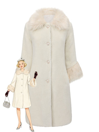 White 1980s Faux Fur Collar Long Coat