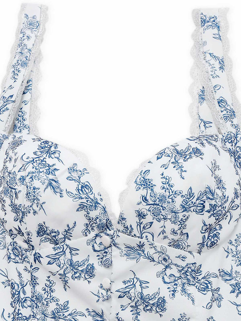 Blue 1950s Strap Floral Lace Corset Dress