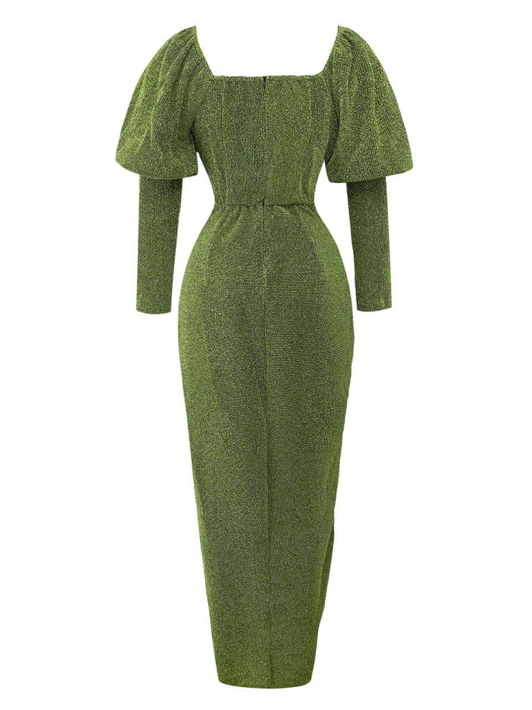 Green 1960s Ruched Puff Sleeve Midi Dress