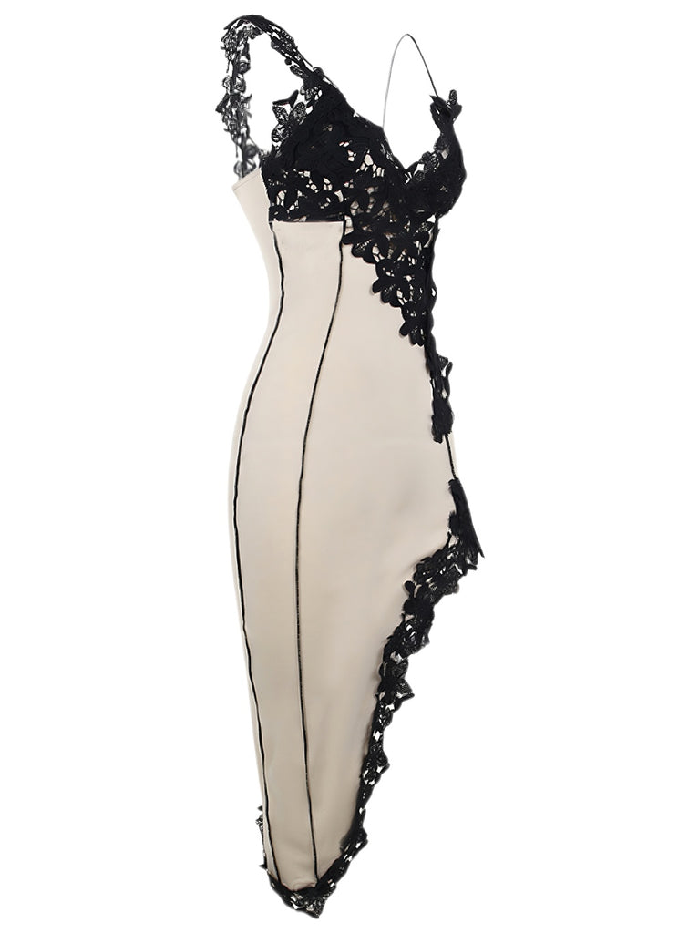 1960s Deep V-Neck Asymmetric Lace Bodycon Dress