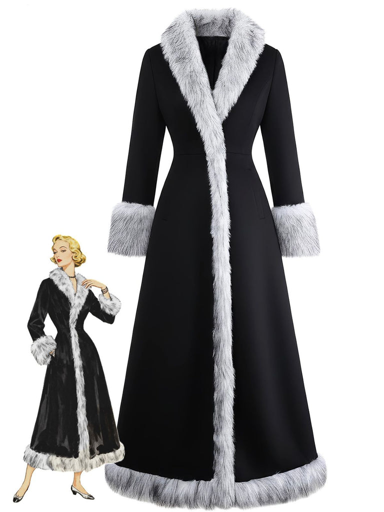 Black 1930s Faux Fur Trim Maxi Coat