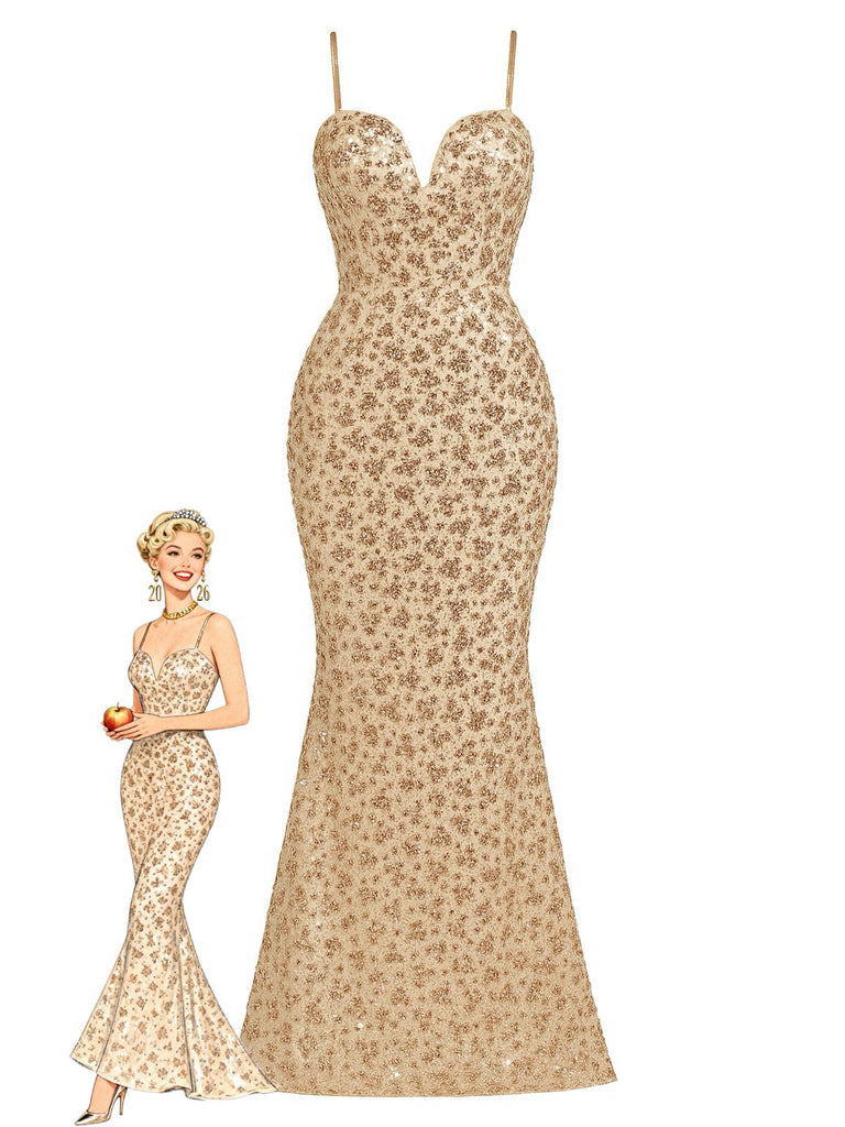 Champagne 1930s Sequined Backless Evening Dress