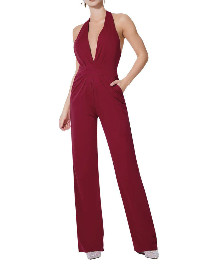 Wine Red 1970s Halter Deep V-Neck Pockets Jumpsuit