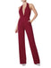 Wine Red 1970s Halter Deep V-Neck Pockets Jumpsuit