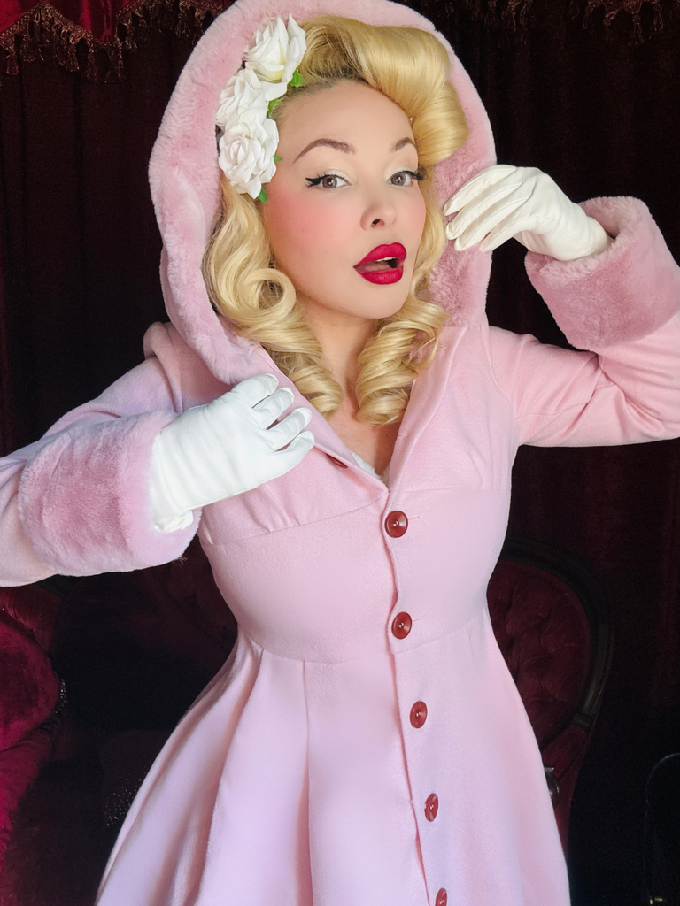 Pink 1950s Faux-Wool Hooded Button Coat