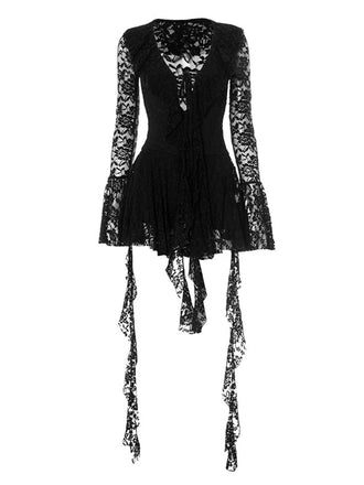 1980s Lace Ribbon Tie Ruffle Bell-Sleeve Romper Dress