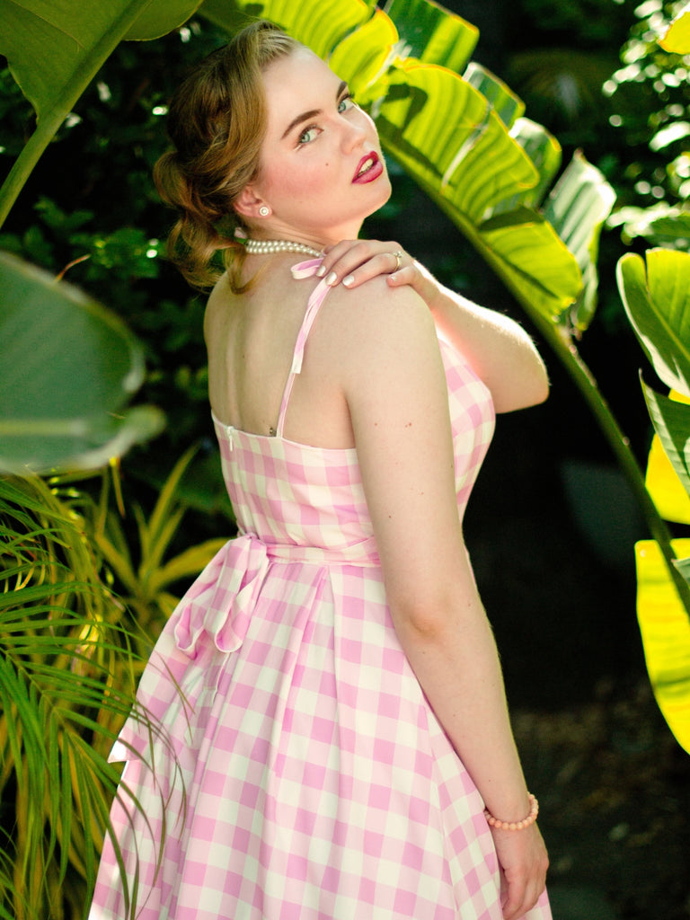 Pink 1950s Spaghetti Strap Plaid Swing Dress