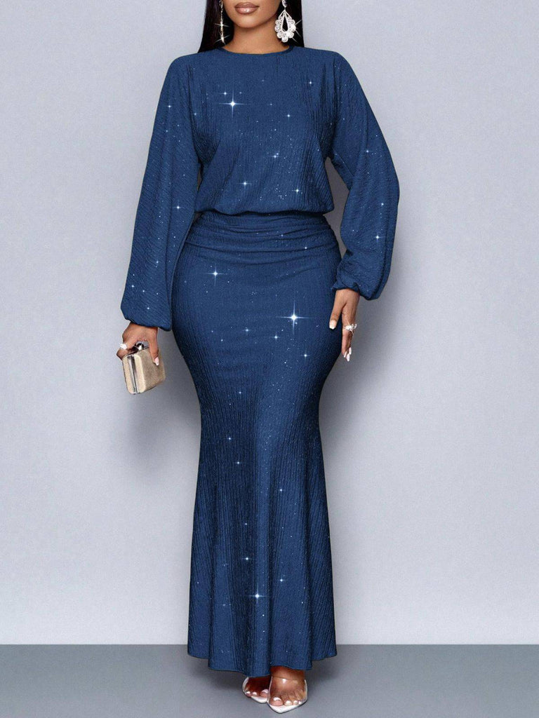 1930s Glitter Ruched Lantern Sleeve Knit Fishtail Dress