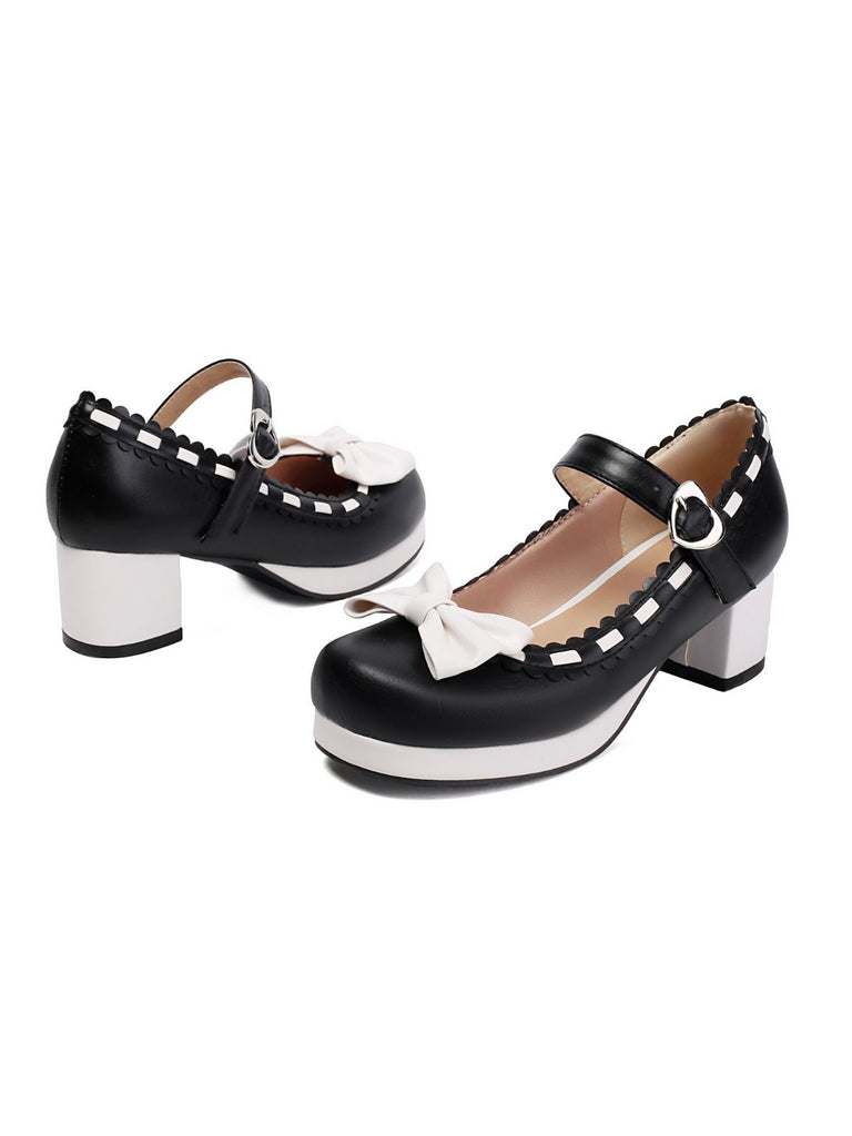 Chunky Heel Two Tone Bow Marry Jane Shoes