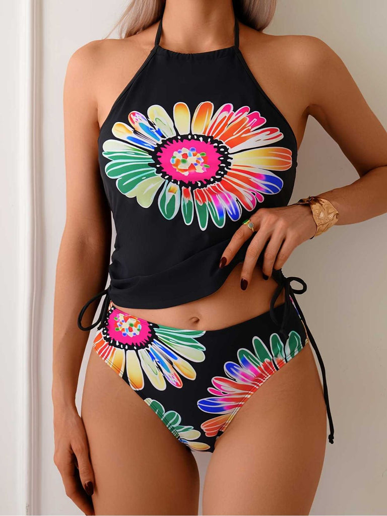 1960s Halter Neon Daisy Lace-Up Tankini Set