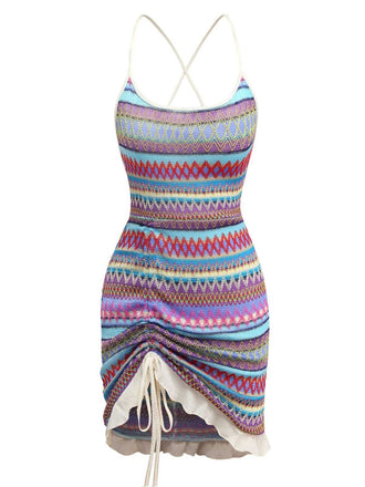 Multicolor 1960s Bohemian Drawstring Knit Straps Dress
