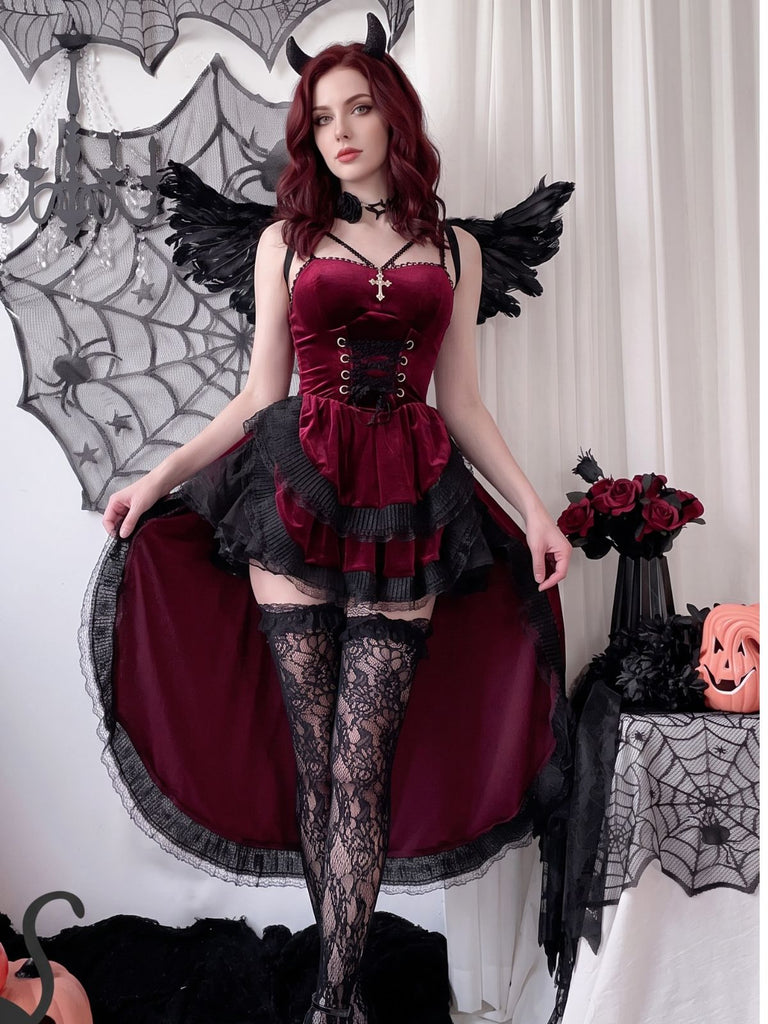 1940s Halloween Gothic Velvet Bustle Tail Asymmetrical Dress