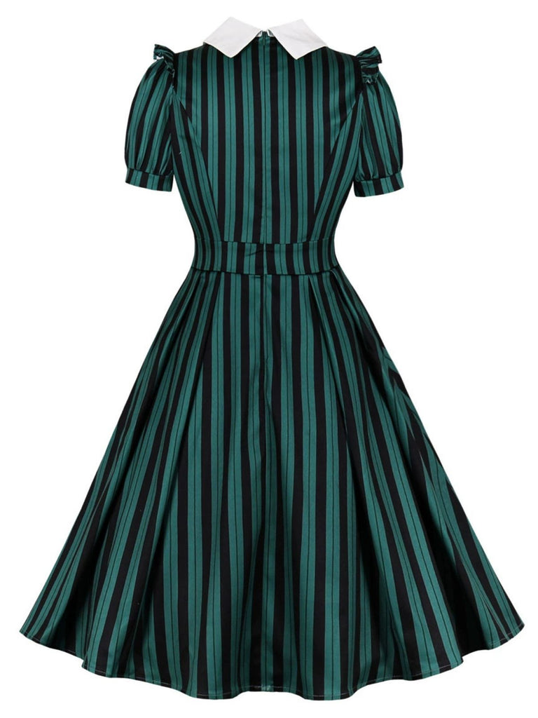 Green 1950s Striped Peter Pan Collar Swing Dress