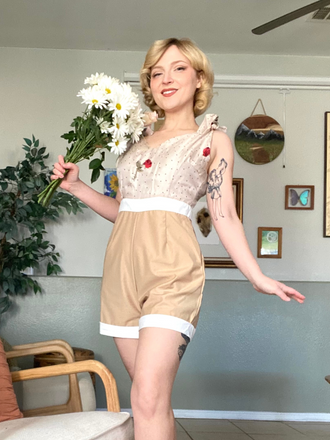 Khaki 1950s Embroidered Rose V-Neck Romper