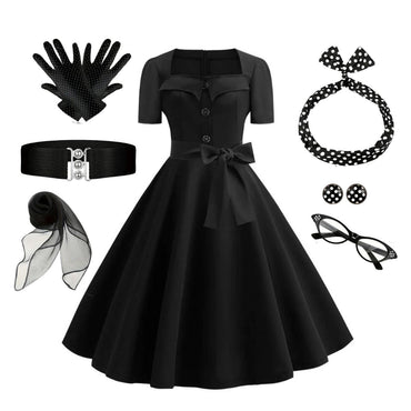 1950s Square Neck Short Sleeves Dress With Accessories Set