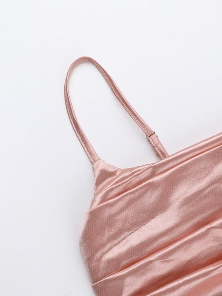 Pink 1930s Solid Satin Ruched Slit Dress