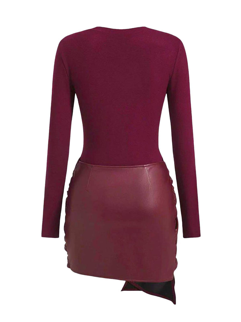 1980s Faux Leather Bow Long Sleeve Dress