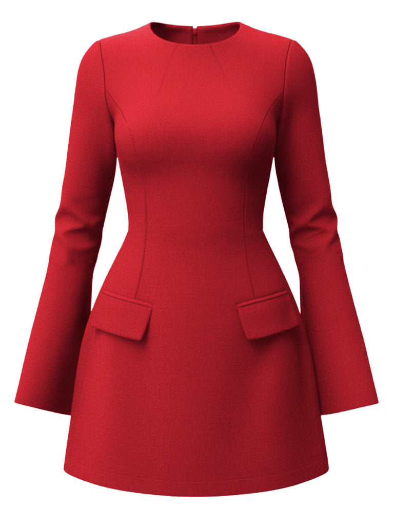 1960s Long Sleeve Faux Pockets Solid Dress